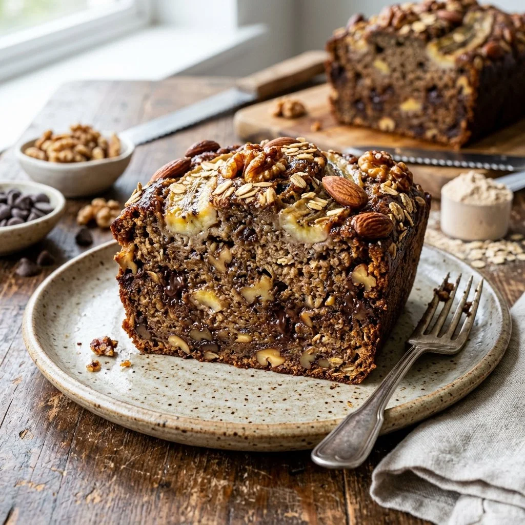 Healthy Protein Banana Bread loaf topped with sliced bananas and nuts