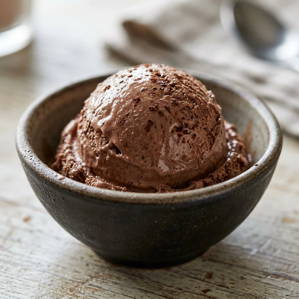 Delicious bowl of chocolate protein ice cream topped with nuts and berries