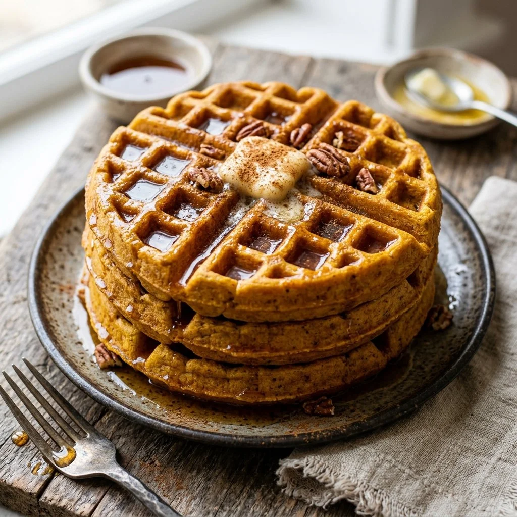 Fluffy pumpkin spice waffles topped with syrup and whipped cream