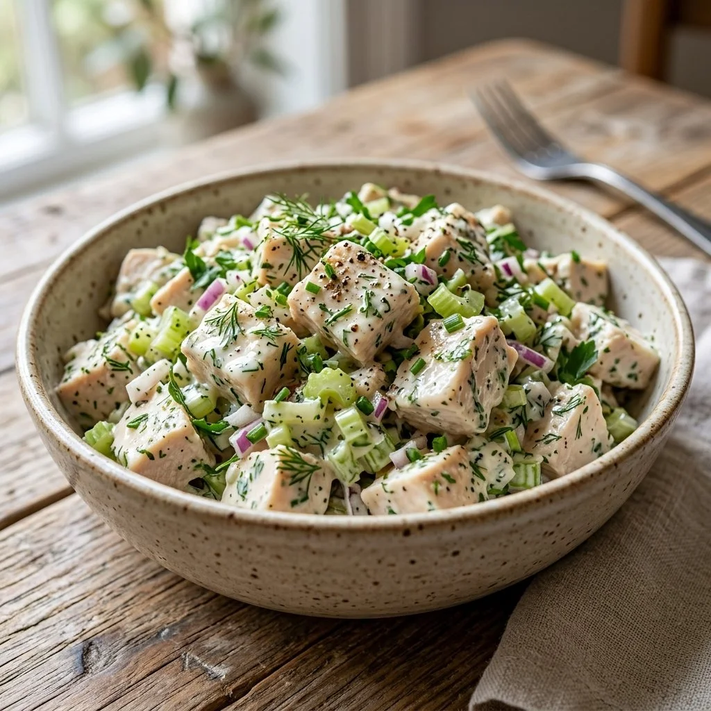 A colorful bowl of Ranch Chicken Salad with fresh ingredients and dressing