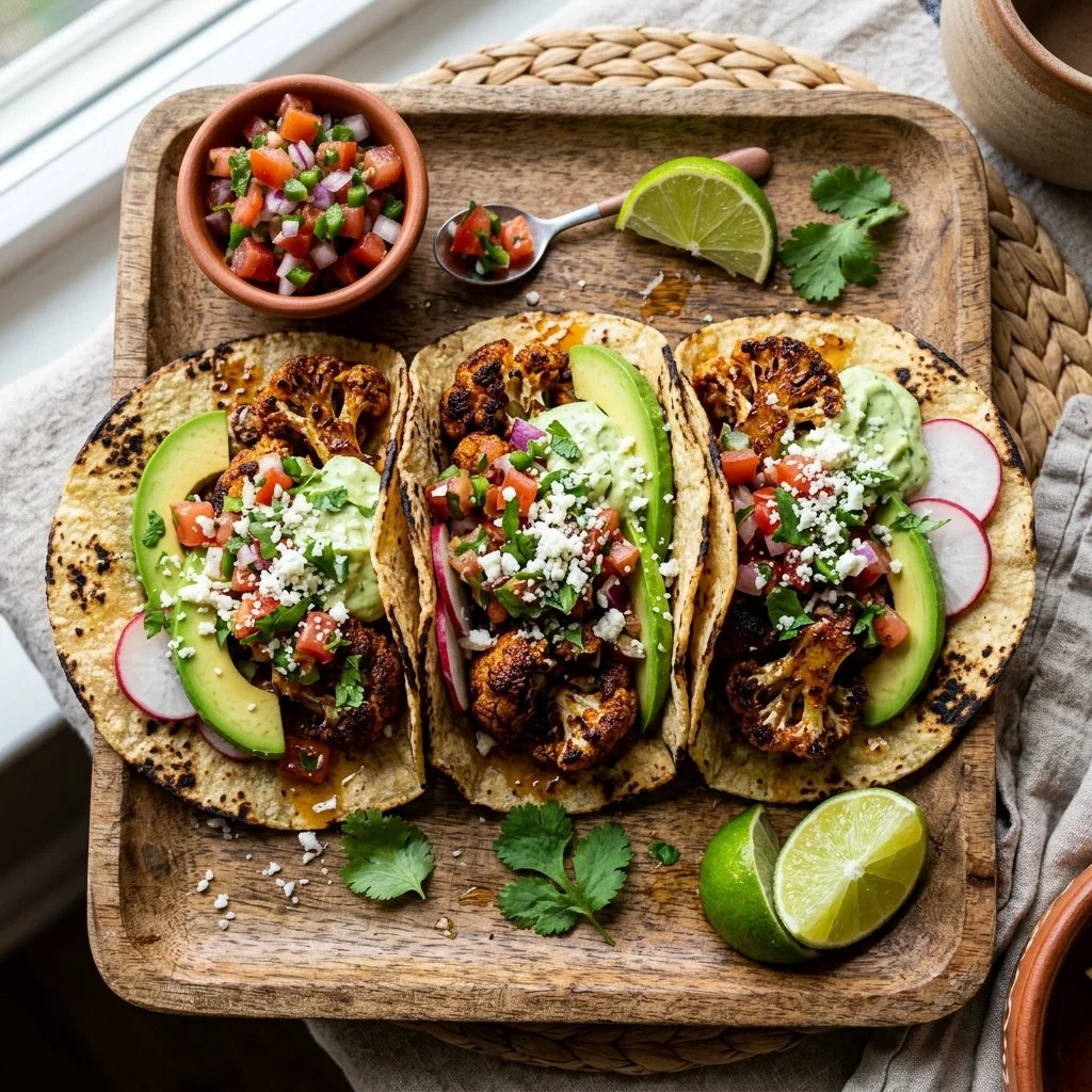 Delicious roasted cauliflower tacos served in a tortilla with fresh toppings