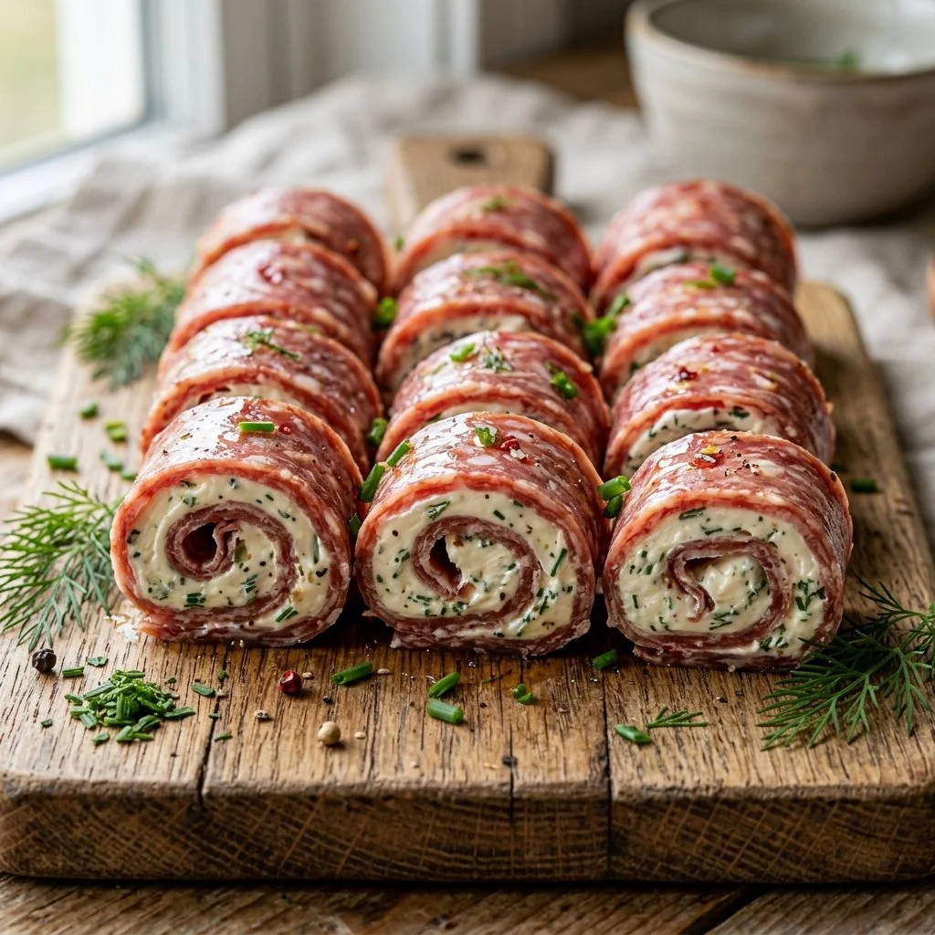 Salami cream cheese roll ups served on a platter