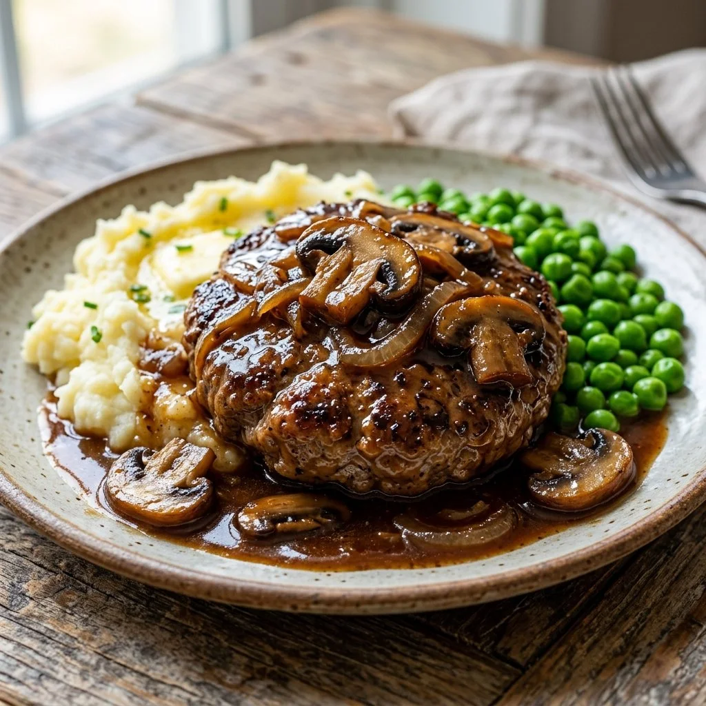 A delicious plate of homemade Salisbury steak served with gravy and mashed potatoes.