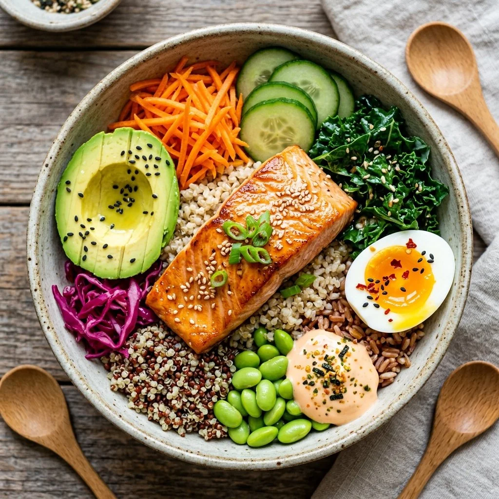 Healthy Salmon Buddha Bowl with quinoa and fresh vegetables