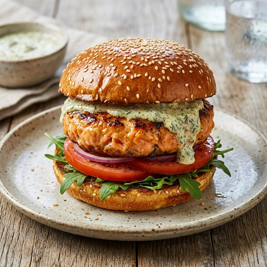 Grilled salmon burgers served with fresh toppings and condiments