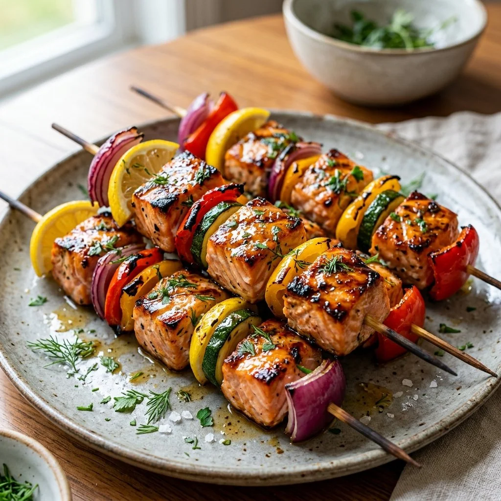 Delicious and colorful salmon kabobs ready for grilling.