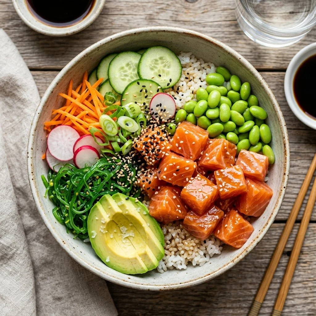 Delicious salmon poke bowl topped with fresh vegetables and sauce