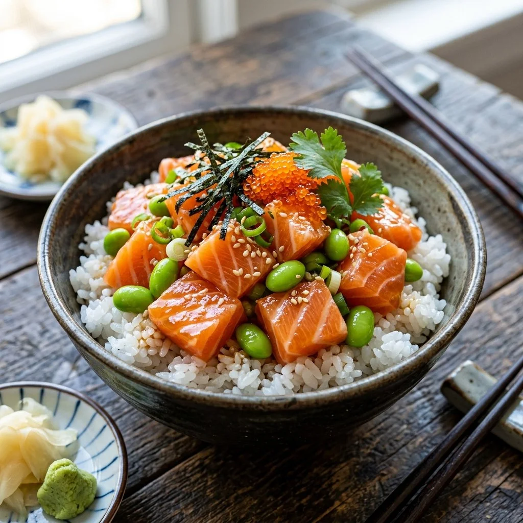 Delicious salmon rice bowl topped with fresh vegetables and garnished with sesame seeds.