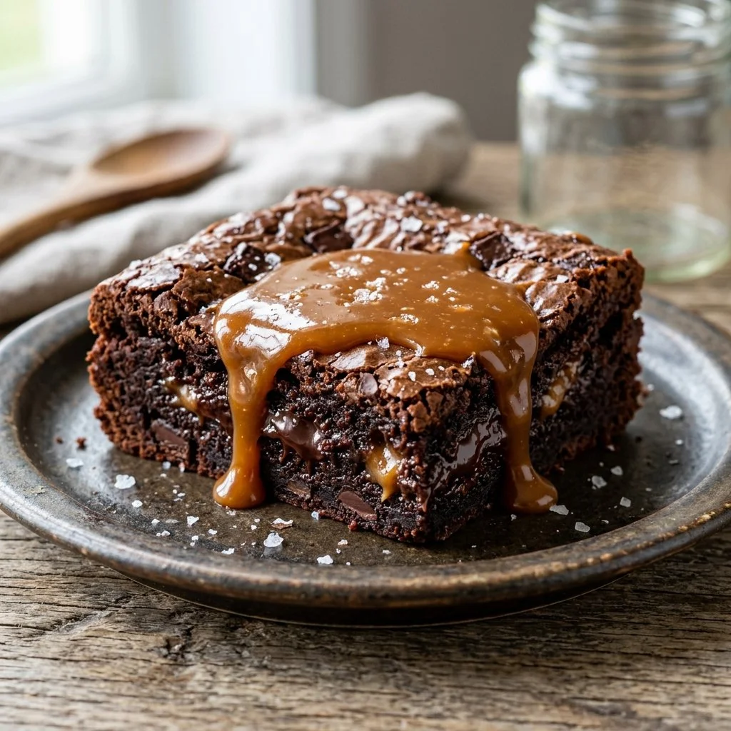 Delicious salted caramel brownies with a rich caramel swirl on top