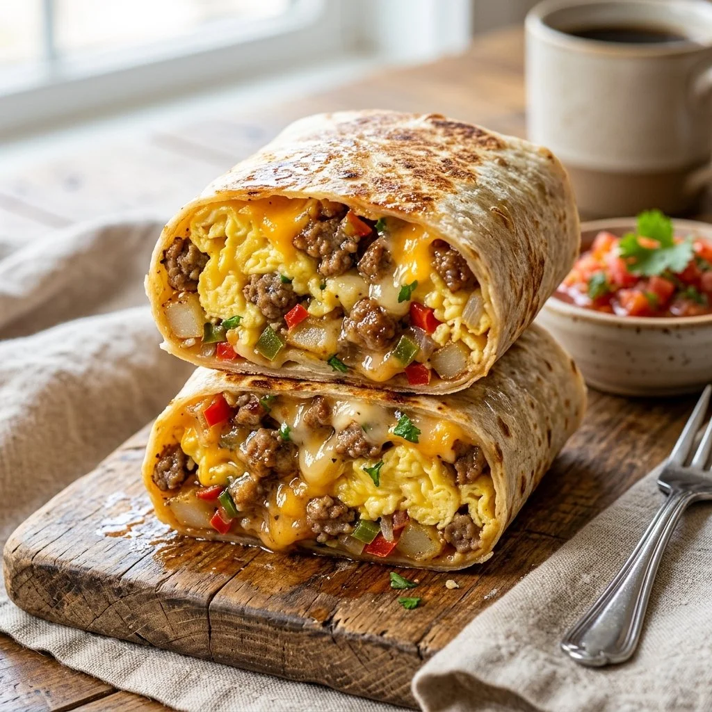 Sausage breakfast burritos with eggs and cheese on a wooden table.