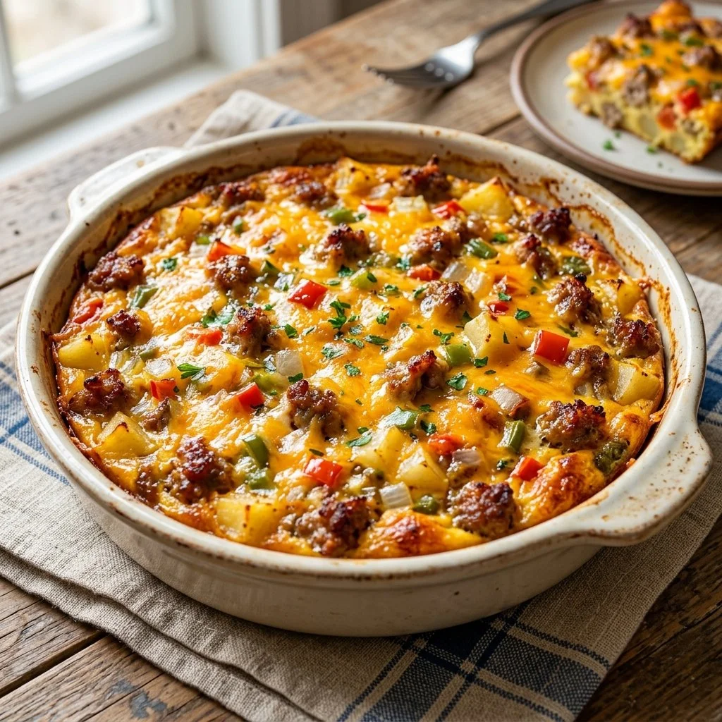Delicious sausage breakfast casserole baked with eggs and cheese.