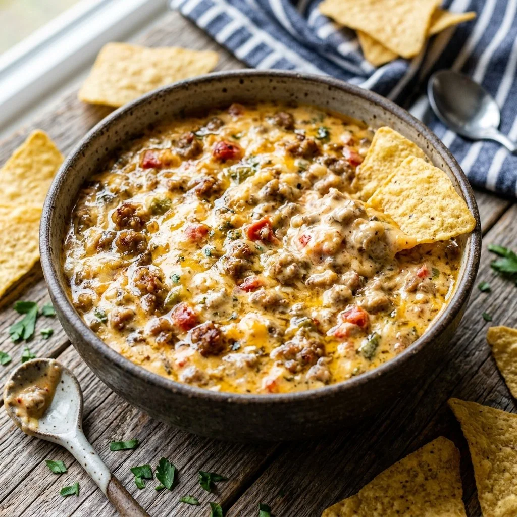 Delicious Sausage Cream Cheese Dip served in a bowl, perfect for parties.