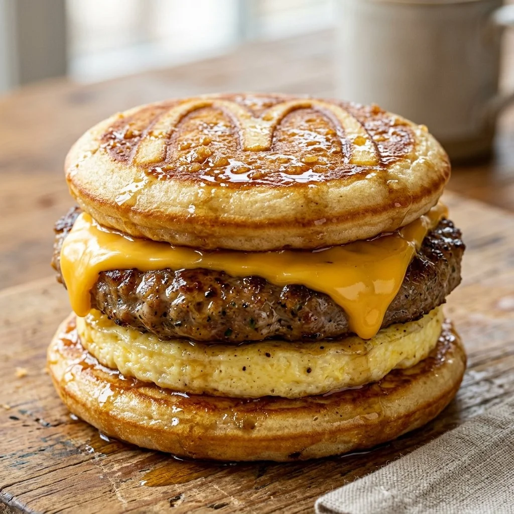 Sausage Egg and Cheese McGriddles with syrup-soaked pancakes