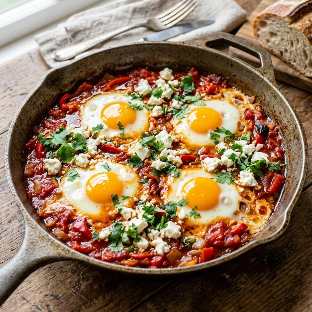Delicious shakshuka with feta served in a skillet