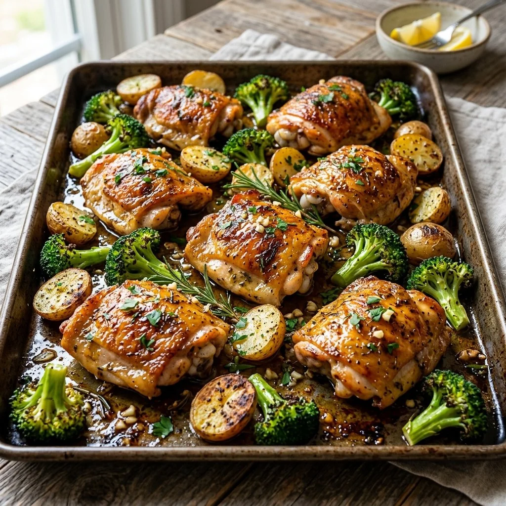 Sheet pan chicken thighs served with vegetables for a quick weeknight meal
