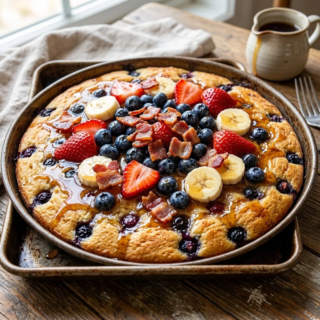 Delicious sheet pan pancakes served with syrup and berries
