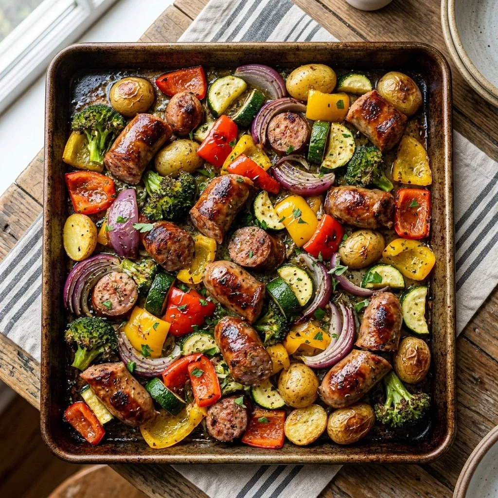 Sheet pan sausage and veggies baked to perfection for a healthy meal.