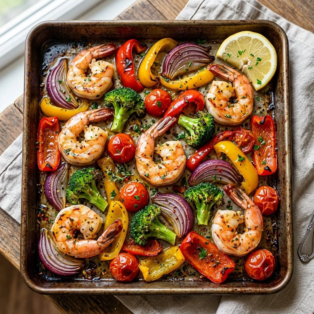 Delicious sheet pan shrimp and veggies ready to serve, colorful and healthy dish.