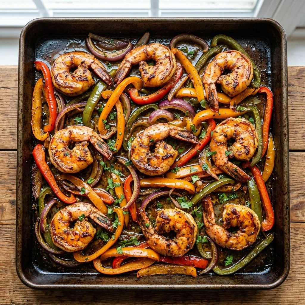 Colorful sheet pan shrimp fajitas with peppers and onions, ready to serve.