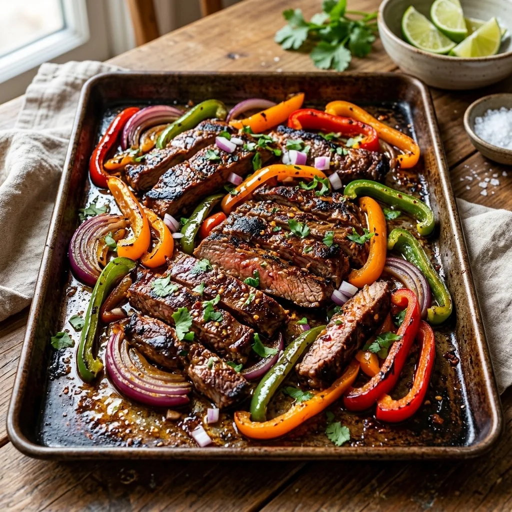 Sheet Pan Steak Fajitas ready to serve with peppers and onions on a platter
