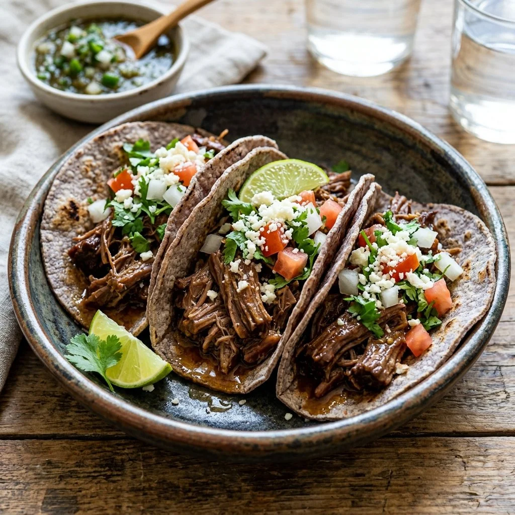 Plate of delicious shredded beef tacos topped with fresh ingredients