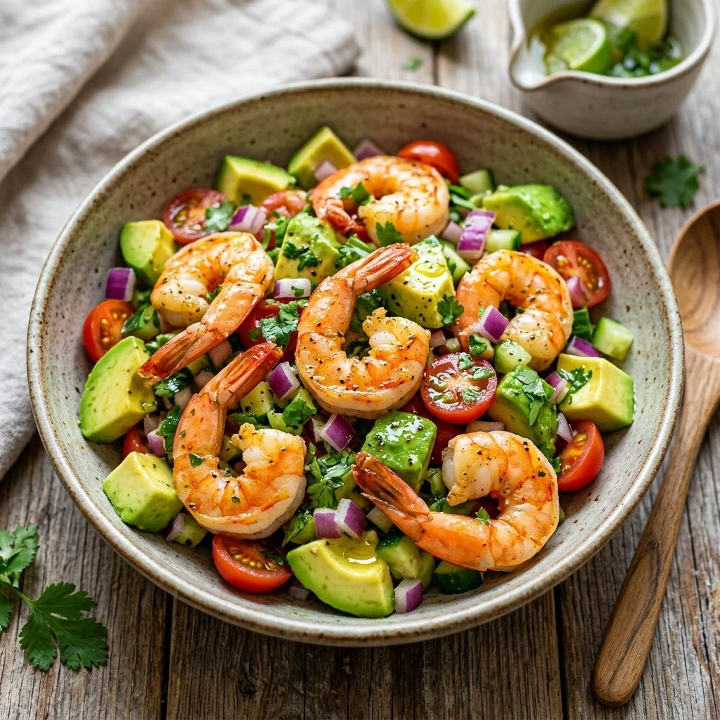 Delicious shrimp avocado salad with fresh ingredients served in a bowl.