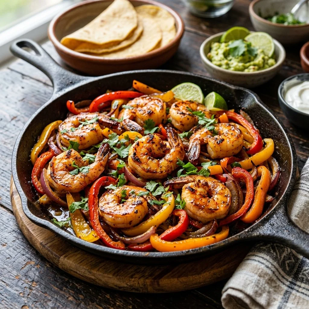 Delicious shrimp fajitas served with peppers and onions on a plate.