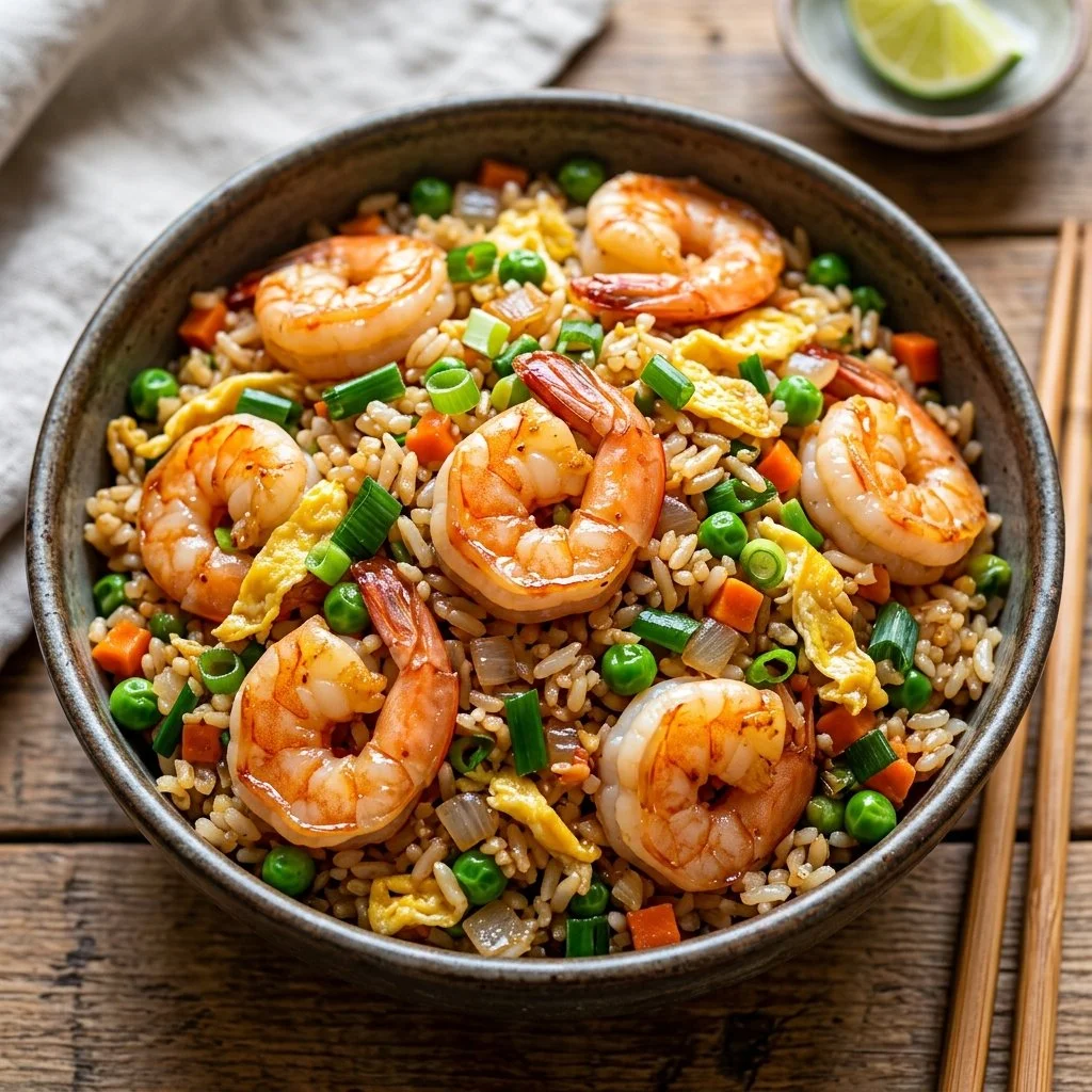 Delicious shrimp fried rice garnished with vegetables served in a bowl