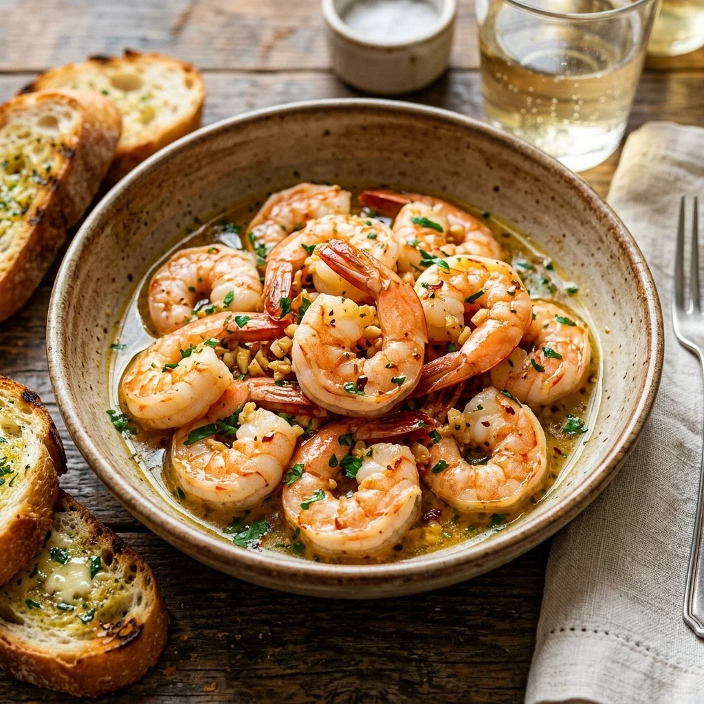 A plate of shrimp scampi garnished with parsley and lemon, showcasing a flavorful seafood dish.