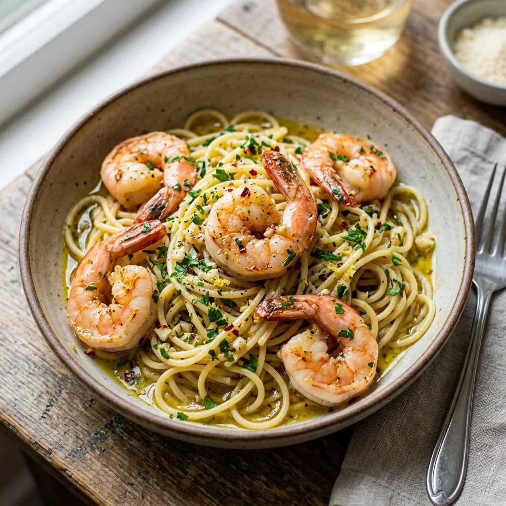 Shrimp Scampi Pasta topped with fresh parsley and lemon for a flavorful dish