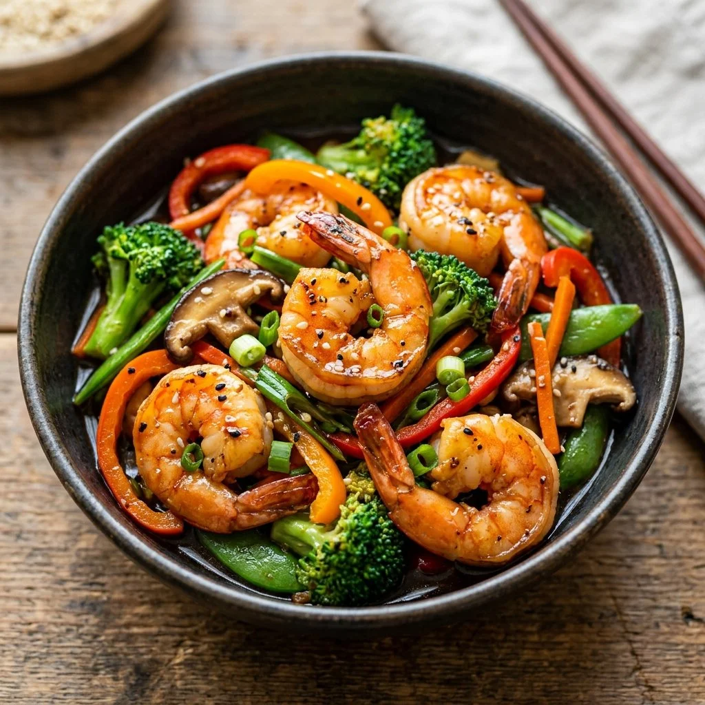 Colorful shrimp stir fry with vegetables in a frying pan