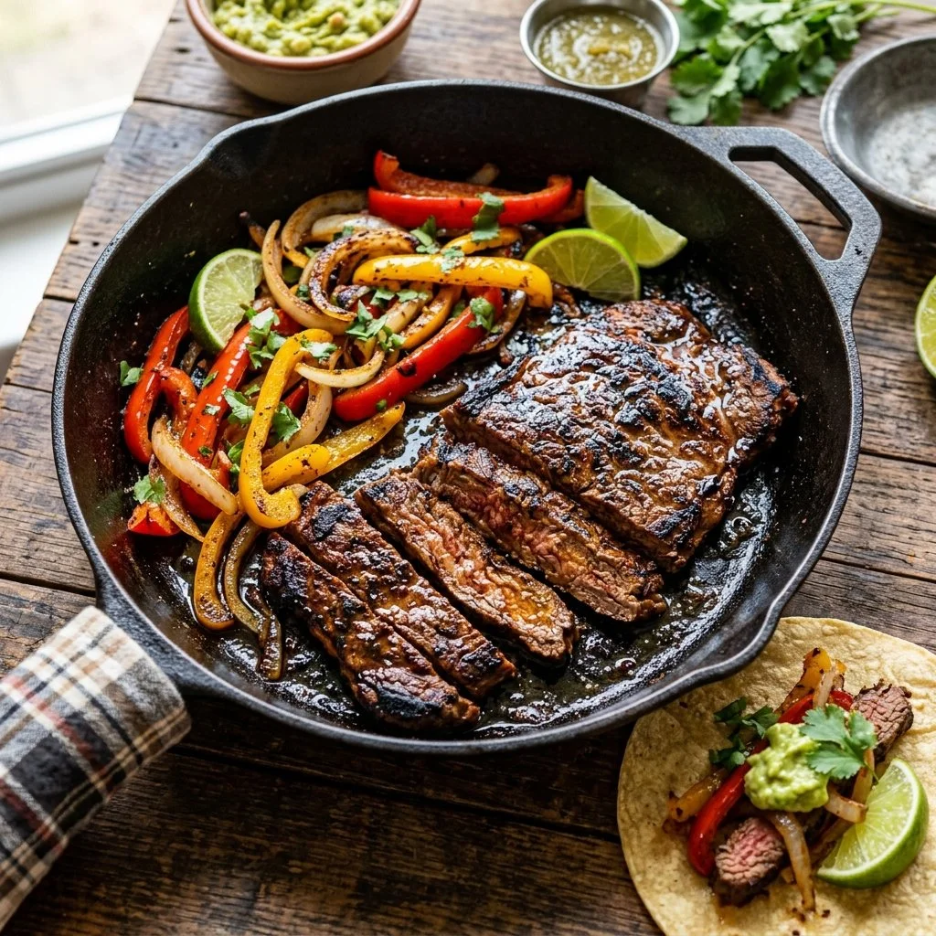 Sizzling skillet steak fajitas with beef, peppers, and onions in a colorful presentation.