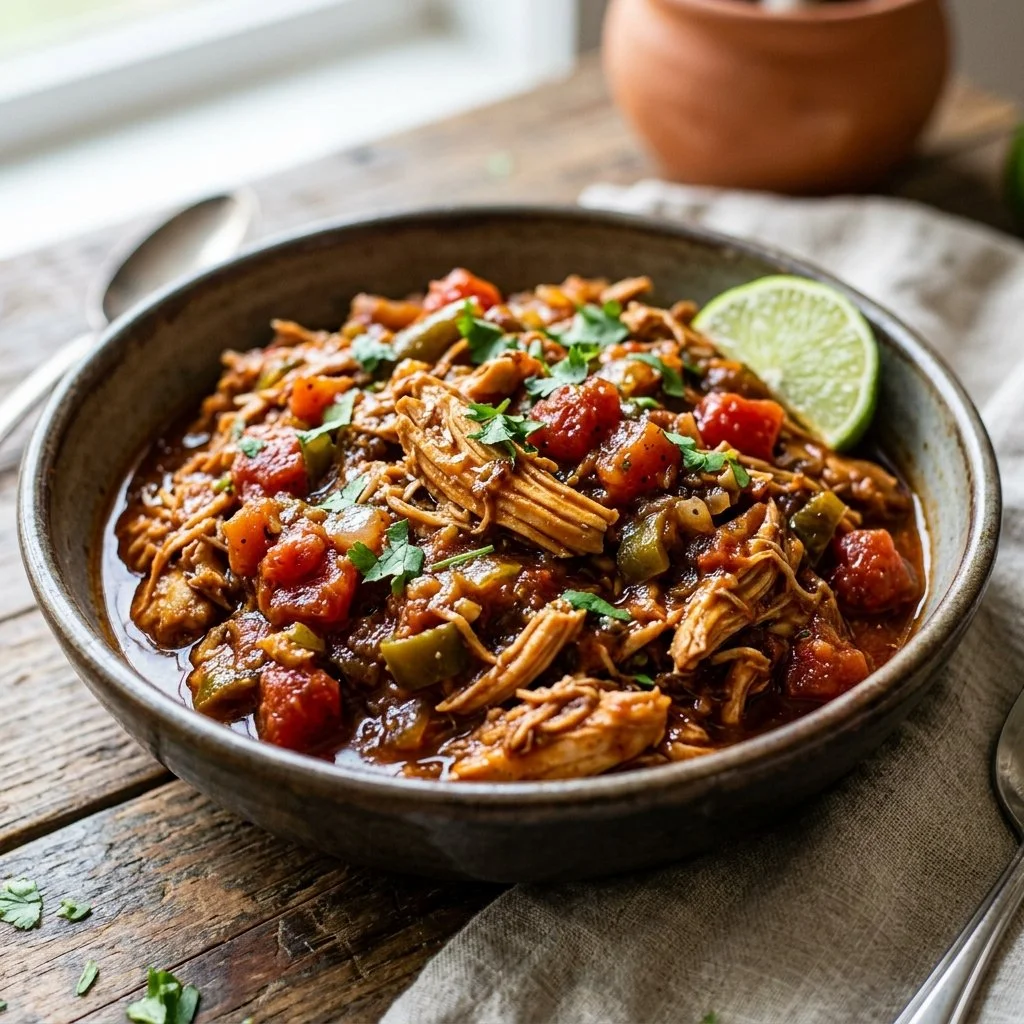 Delicious slow cooker salsa chicken served with rice and garnished with cilantro