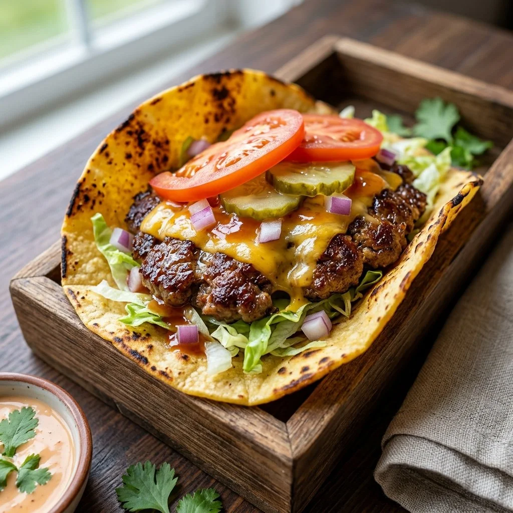 Delicious smash burger tacos served with fresh toppings and condiments