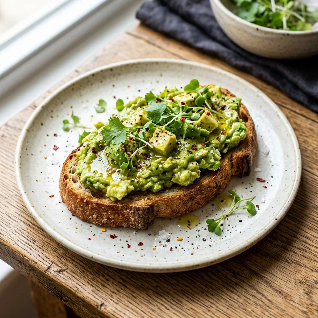 Sourdough avocado toast topped with fresh herbs and spices