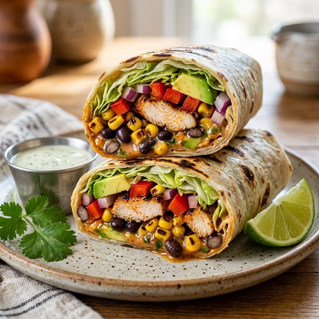 Delicious Southwest Chicken Wrap filled with colorful veggies and spices.