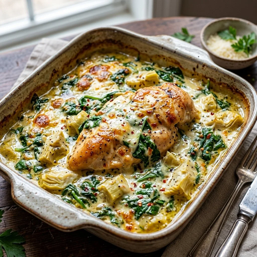 Delicious Spinach Artichoke Chicken dish served on a plate with fresh ingredients