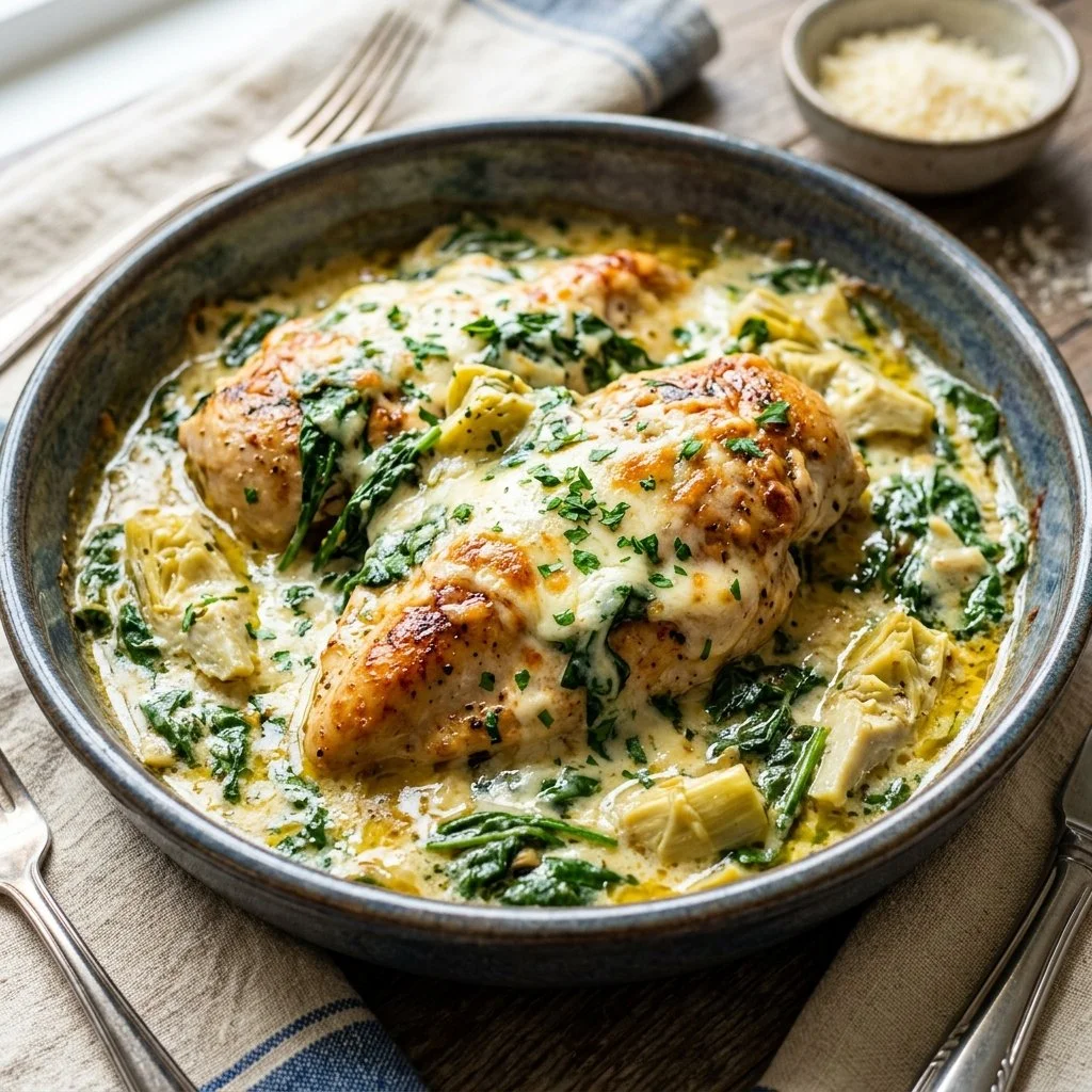 Delicious spinach artichoke chicken in a creamy sauce served on a plate.