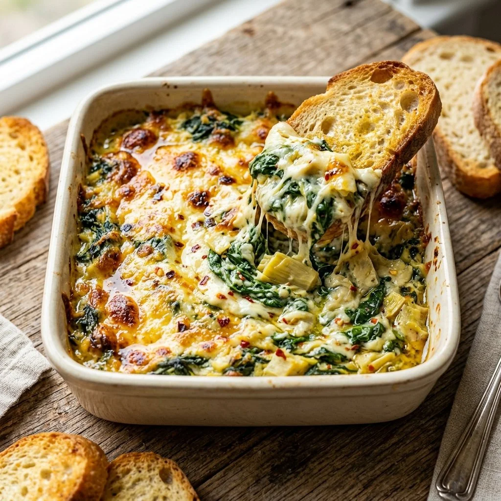 Creamy Spinach Artichoke Dip served with tortilla chips
