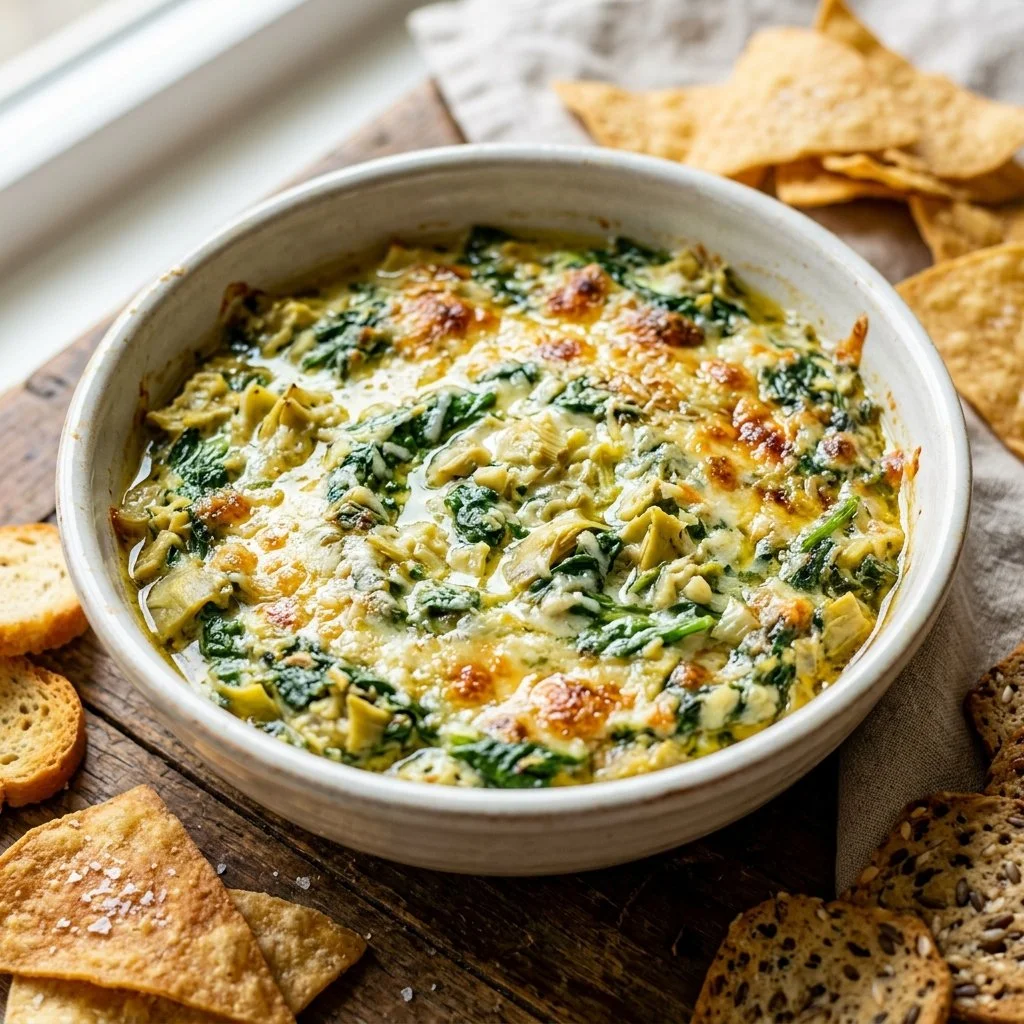 Creamy Spinach Artichoke Dip served with crispy tortilla chips.
