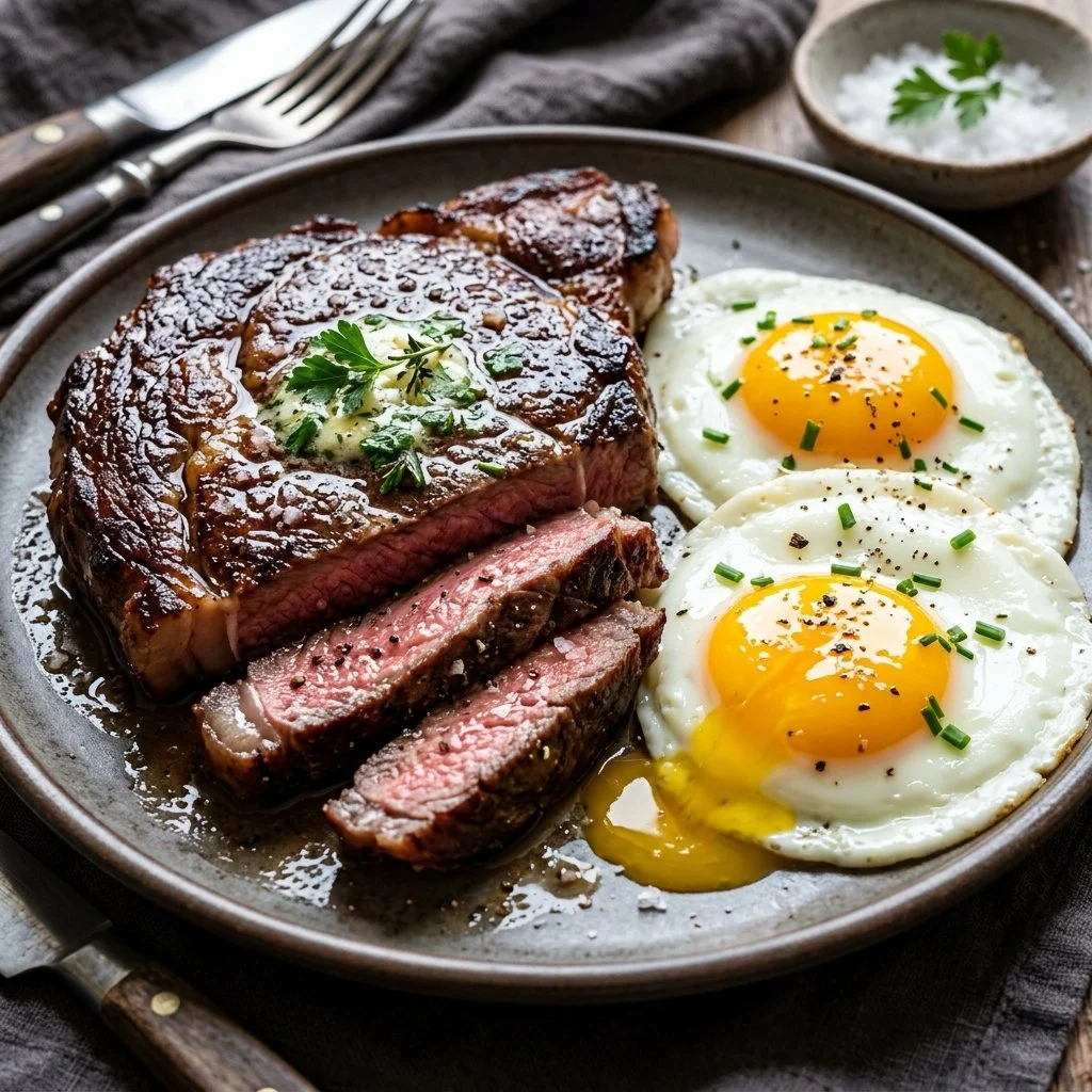 Delicious plate of steak and eggs, a perfect breakfast option