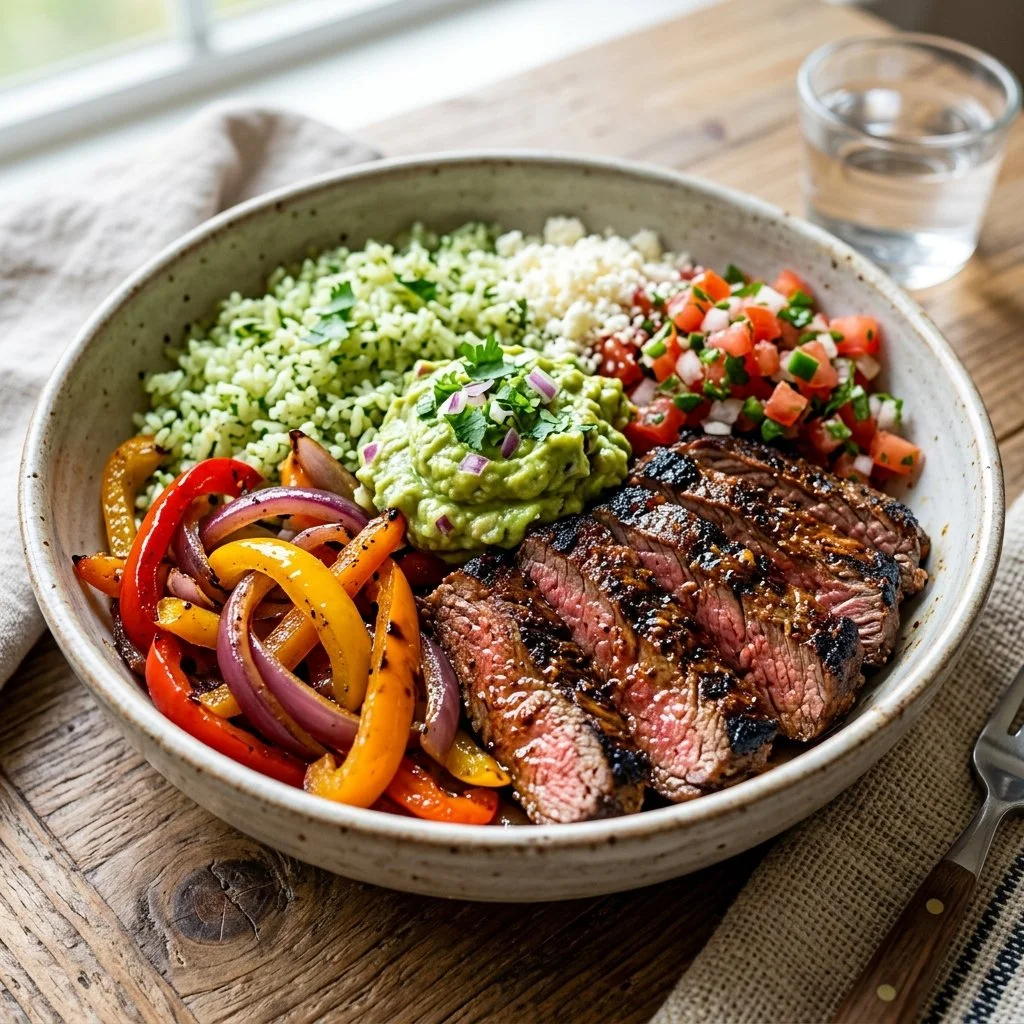 Delicious Steak Fajita Bowls with grilled steak and fresh vegetables