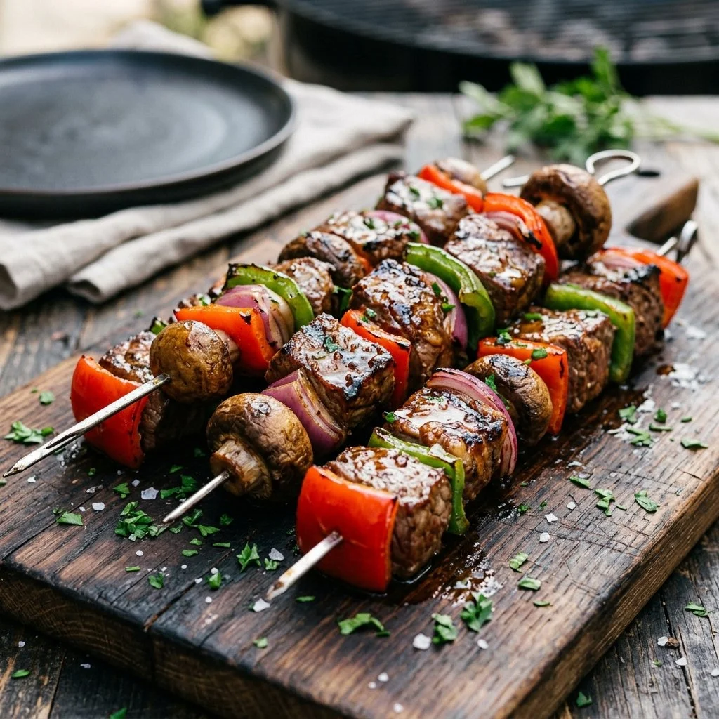 Delicious grilled steak kabobs arranged on a platter with colorful vegetables