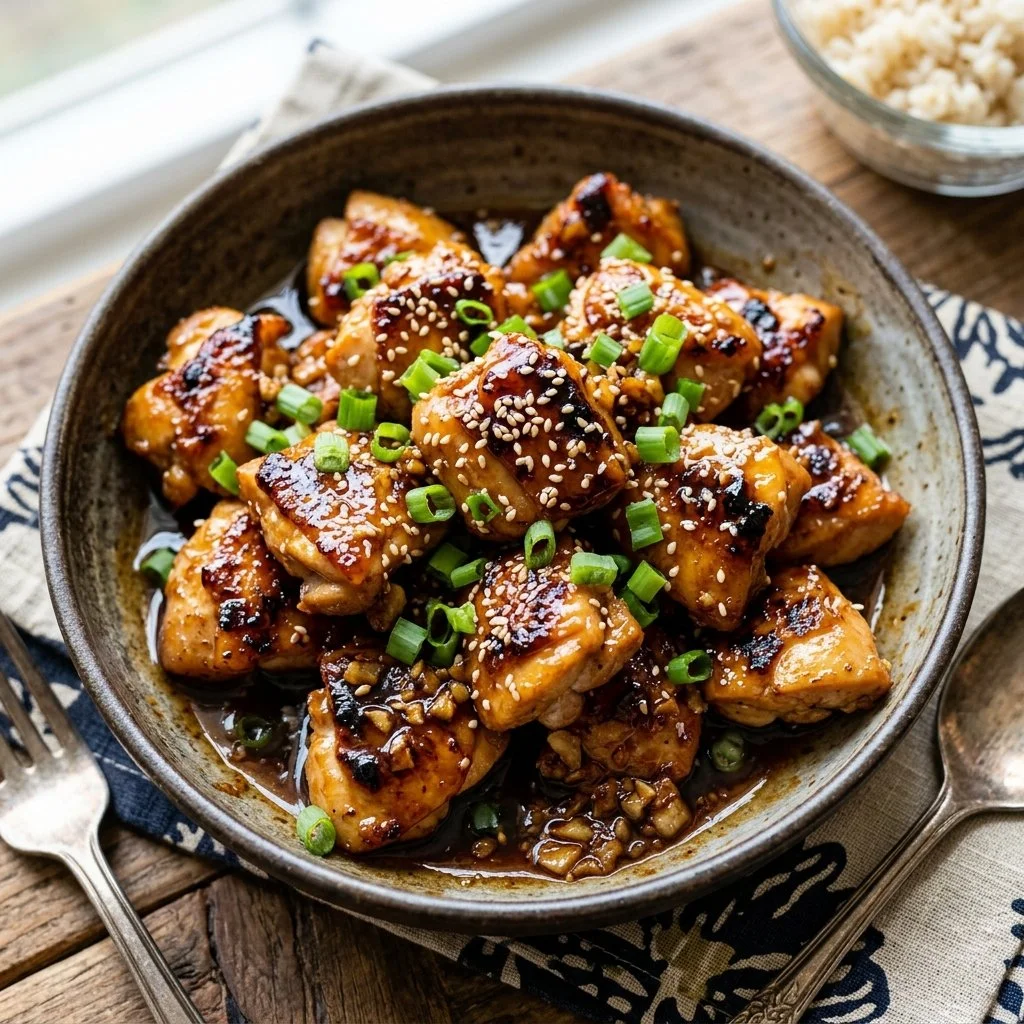 Sticky Honey Garlic Chicken served on a plate, garnished with green onions.