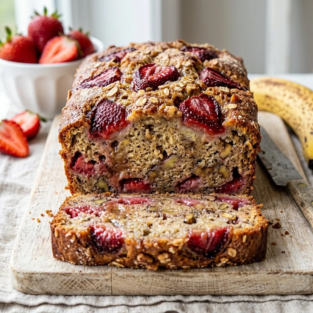 Delicious slice of Strawberry Banana Bread showcasing its moist texture and fresh ingredients
