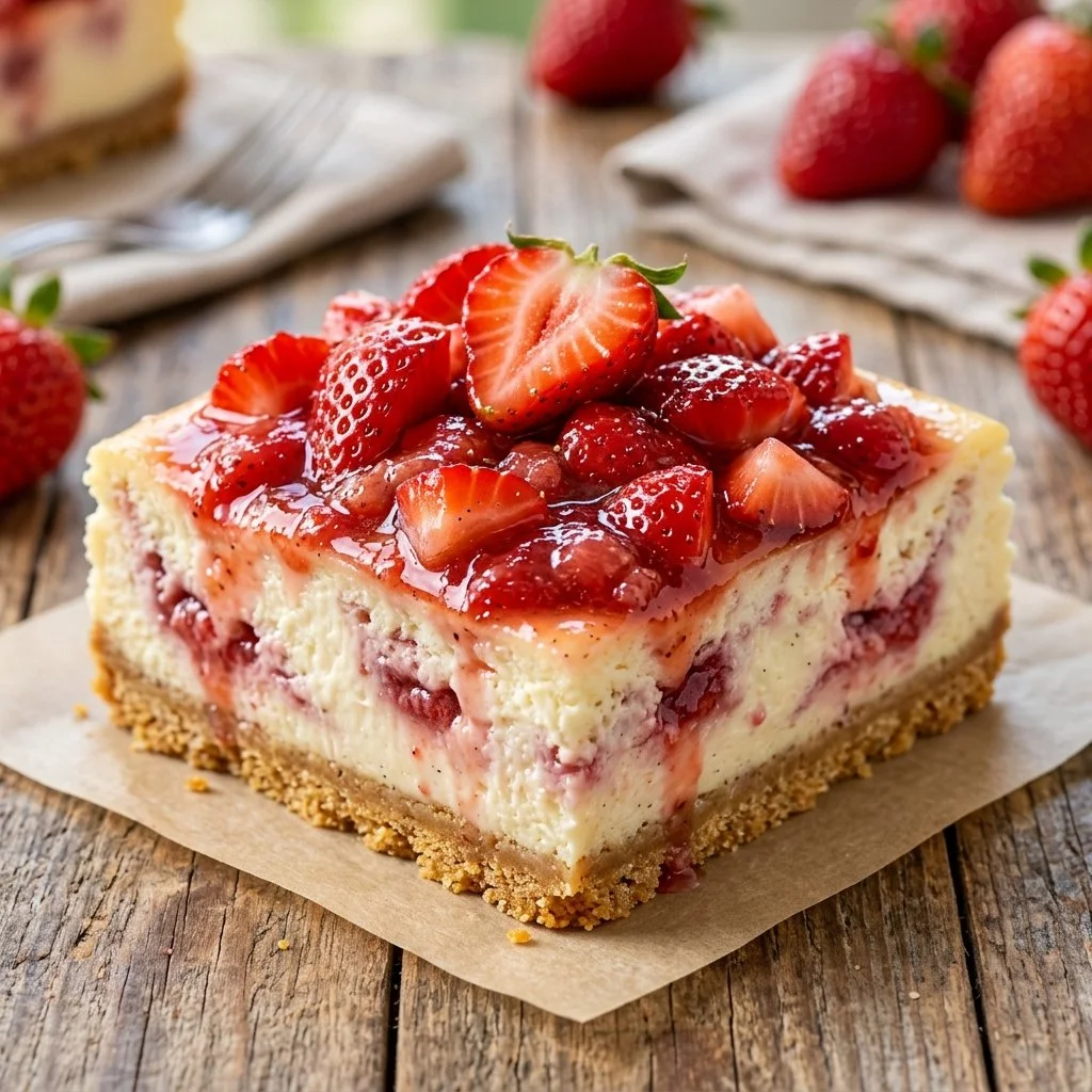 Delicious strawberry cheesecake bars with fresh strawberries on top