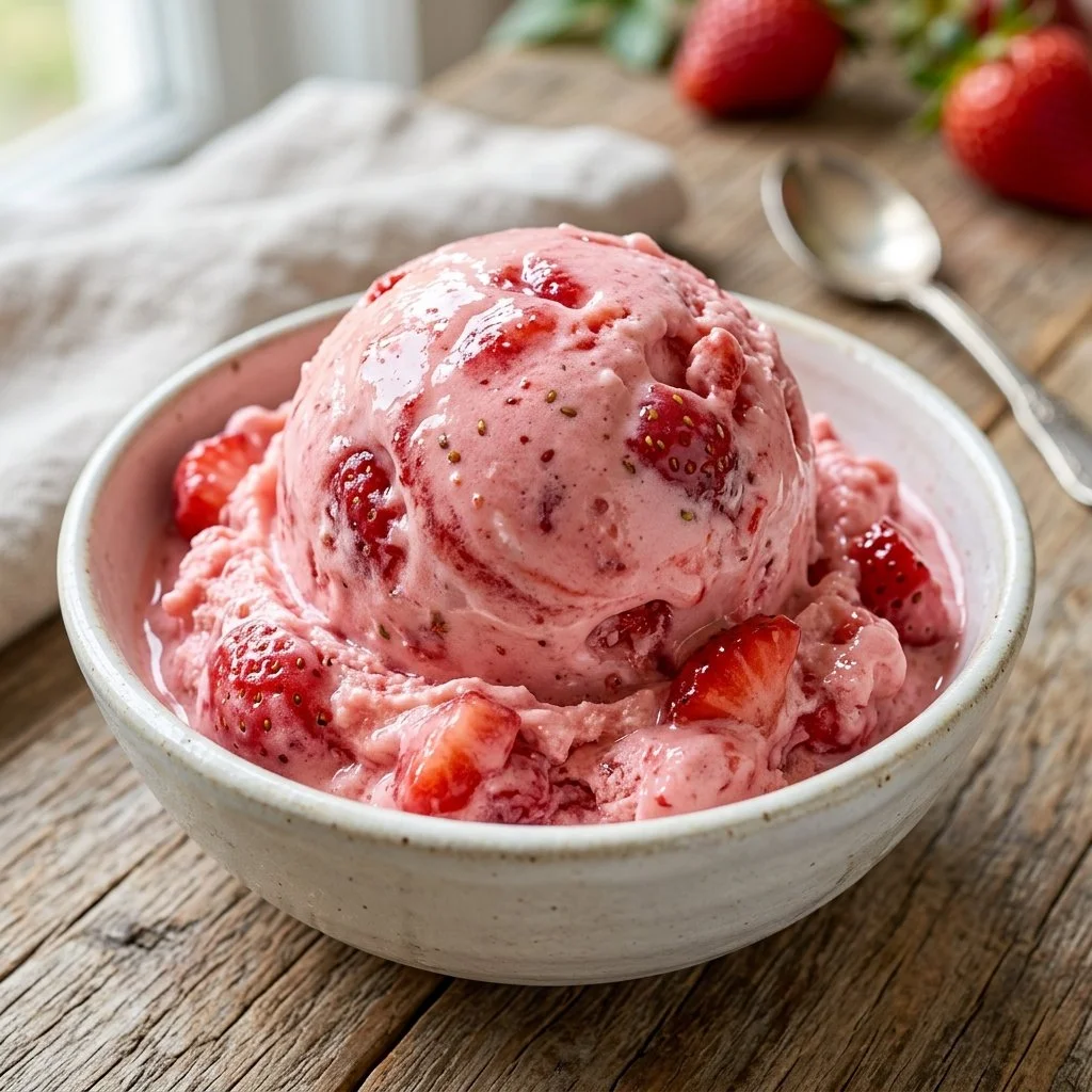 Delicious bowl of homemade strawberry ice cream topped with fresh strawberries