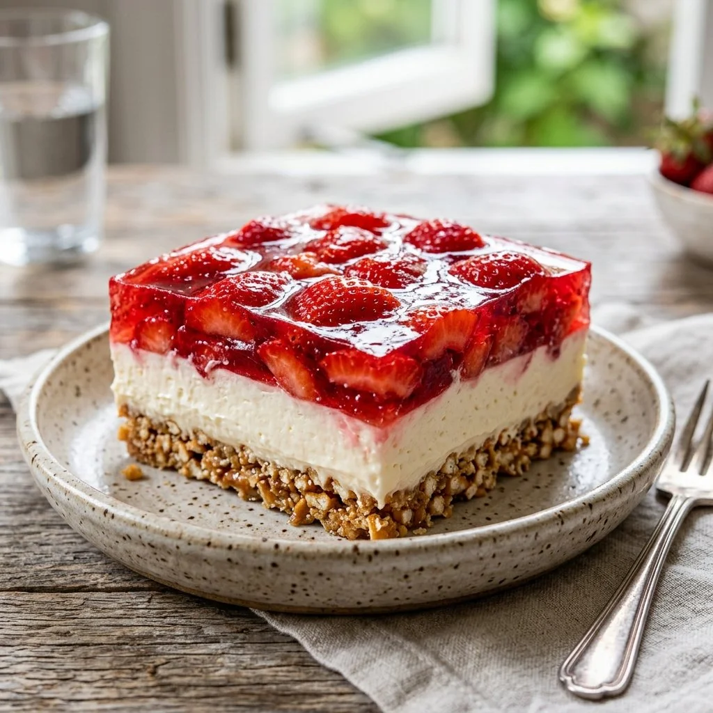 Delicious Strawberry Pretzel Salad with whipped cream and fresh strawberries