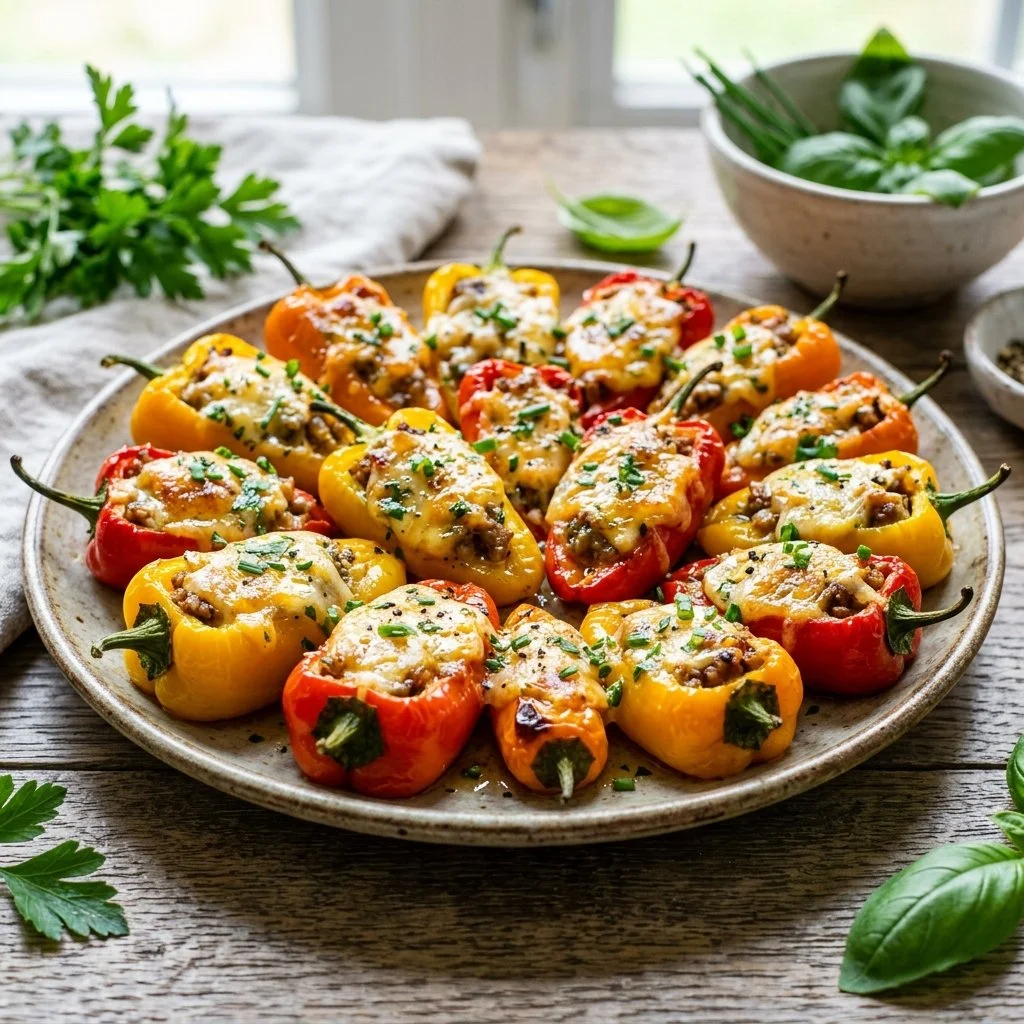 Vibrant stuffed mini peppers filled with savory ingredients, perfect for appetizers.