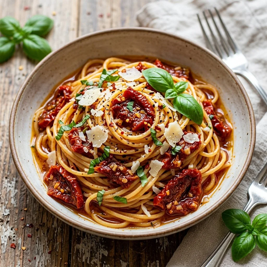 Delicious bowl of sun dried tomato pasta garnished with herbs